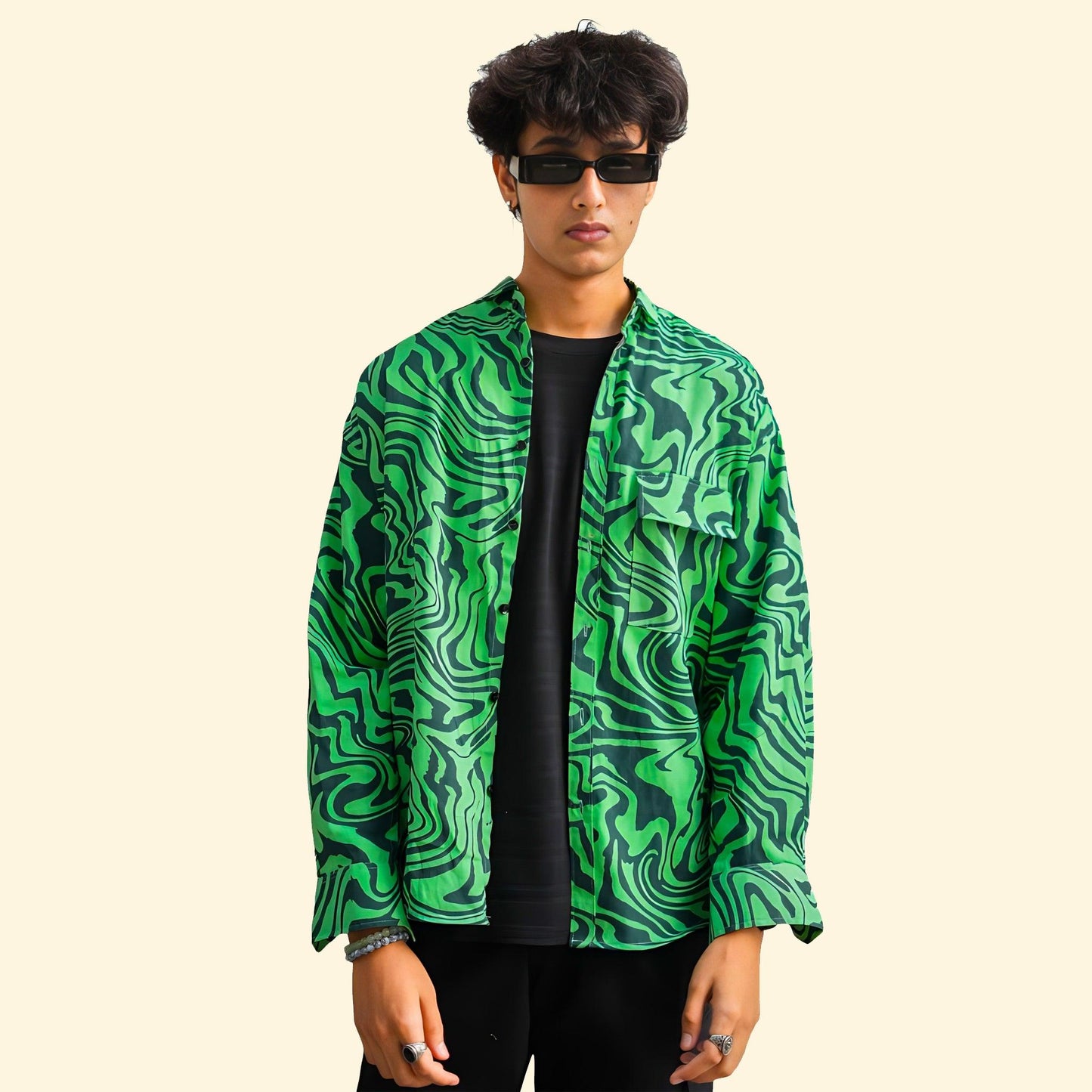 LOOPSTER Men's Green Zebra Design Baggy Fit Shirt With Double Pockets - Loopster