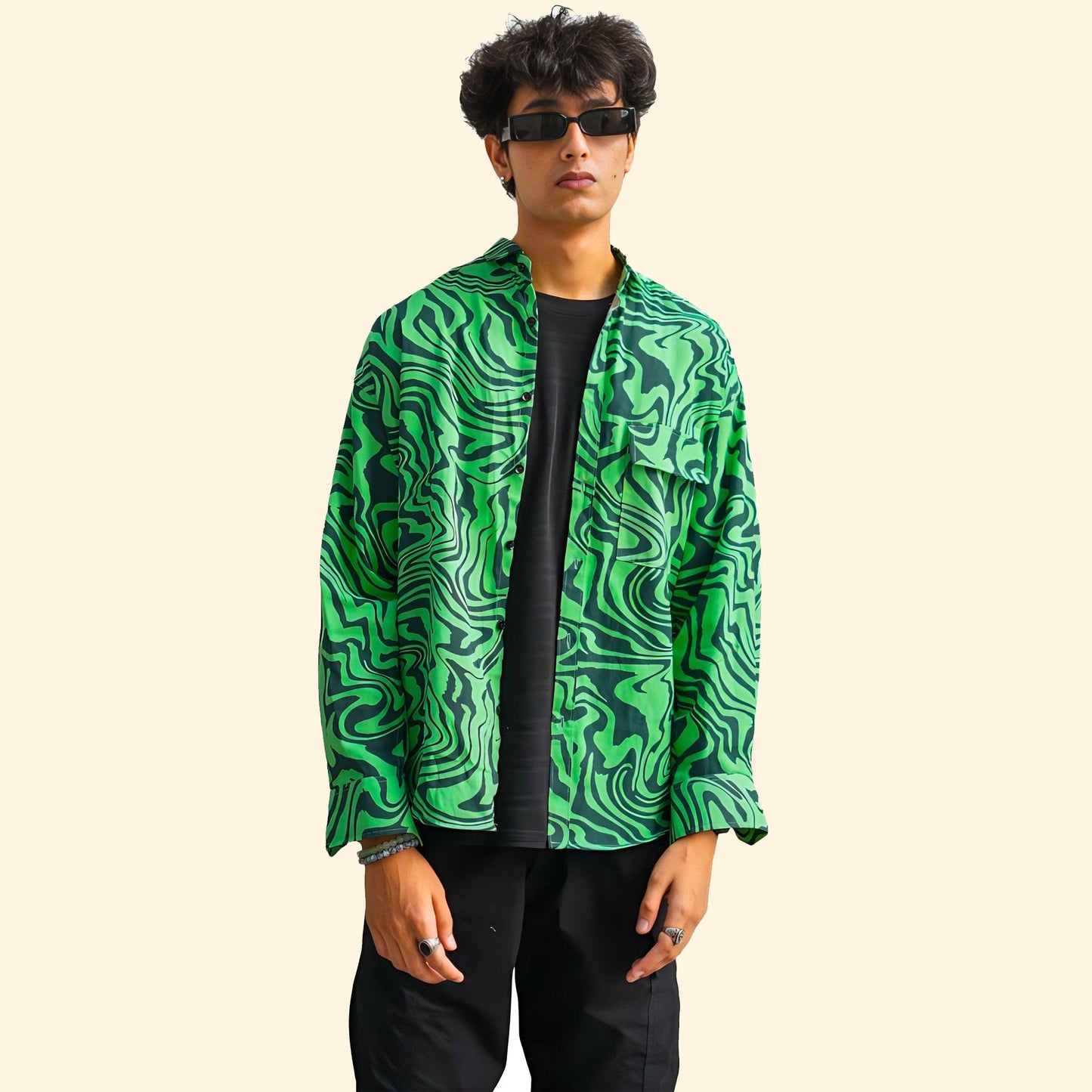 LOOPSTER Men's Green Zebra Design Baggy Fit Shirt With Double Pockets - Loopster