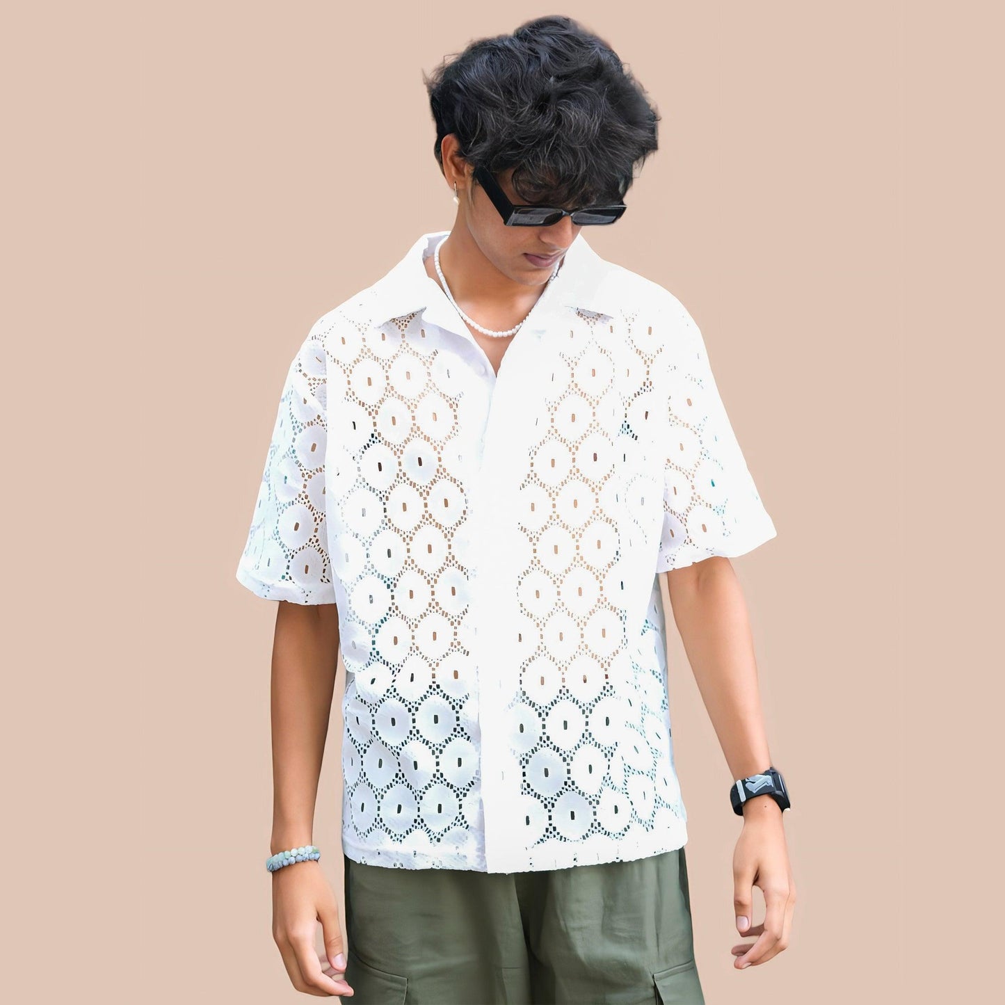 LOOPSTER Men's Crochet Drop Shoulder Half Sleeves Cuban Collar Shirt - Loopster