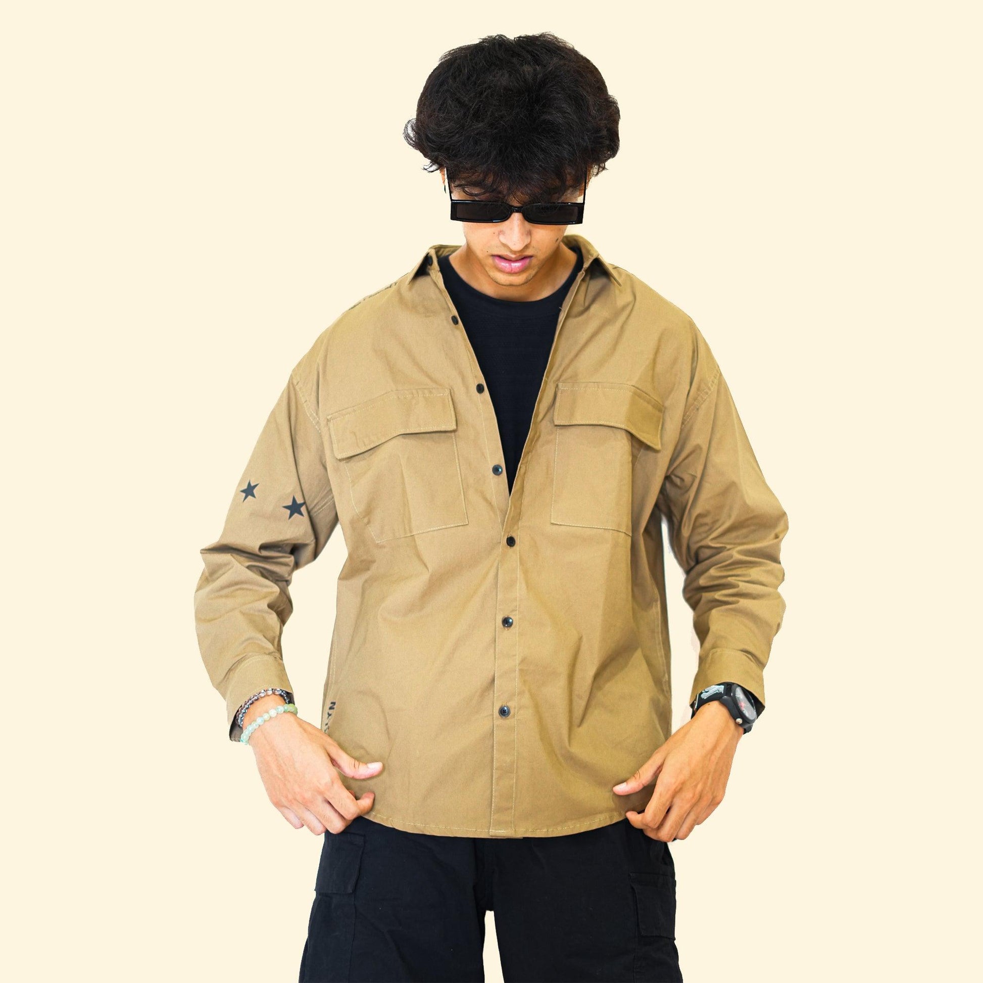 Men's Beige Drop Shoulder-Baggy Fit Shirt With Double Pockets - Loopster