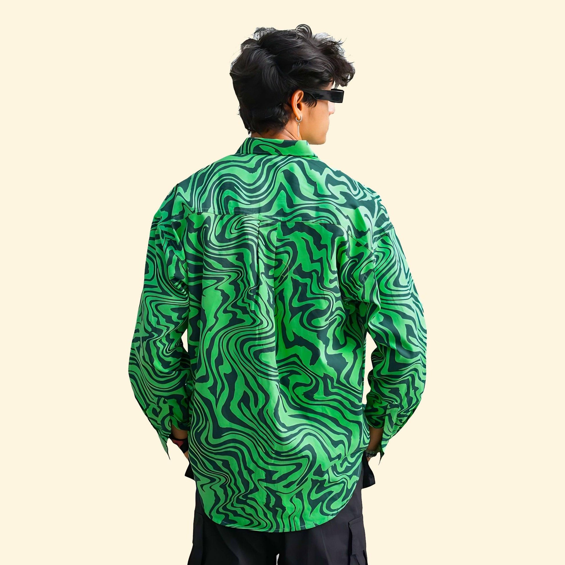LOOPSTER Men's Green Zebra Design Baggy Fit Shirt With Double Pockets - Loopster