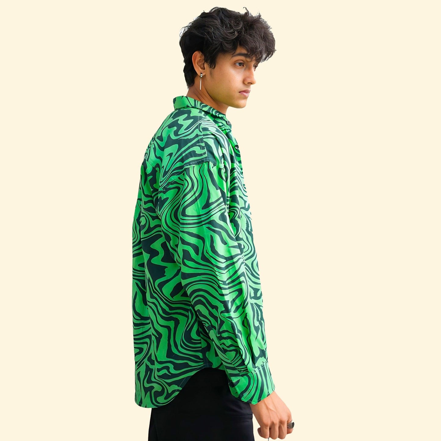 LOOPSTER Men's Green Zebra Design Baggy Fit Shirt With Double Pockets - Loopster