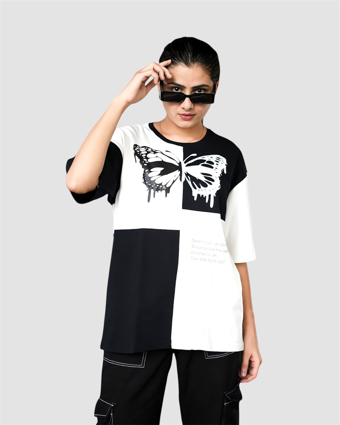 Black & White Premium Chess Pattern Butterfly Relaxed Fit T-shirt (230 GSM)