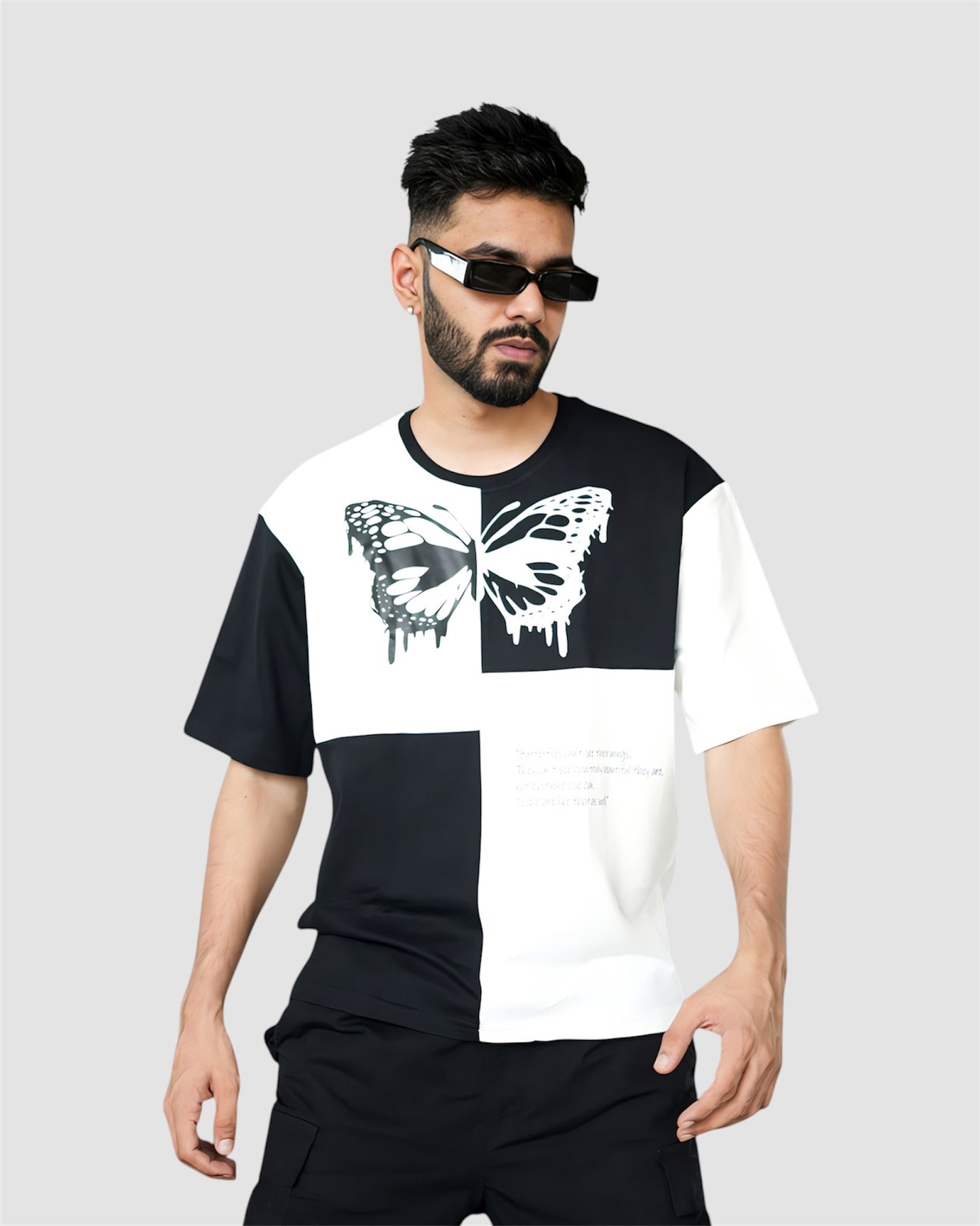 Black & White Premium Chess Pattern Butterfly Relaxed Fit T-shirt (230 GSM)