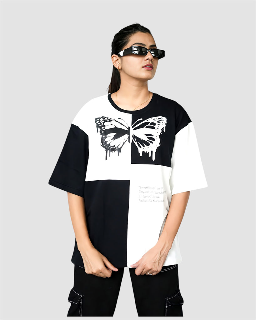 Black & White Premium Chess Pattern Butterfly Relaxed Fit T-shirt (230 GSM)