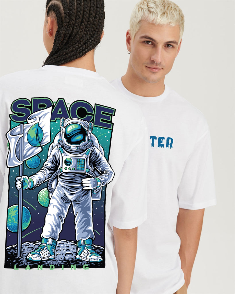 White Relaxed Fit Space landing Graphic T-shirt