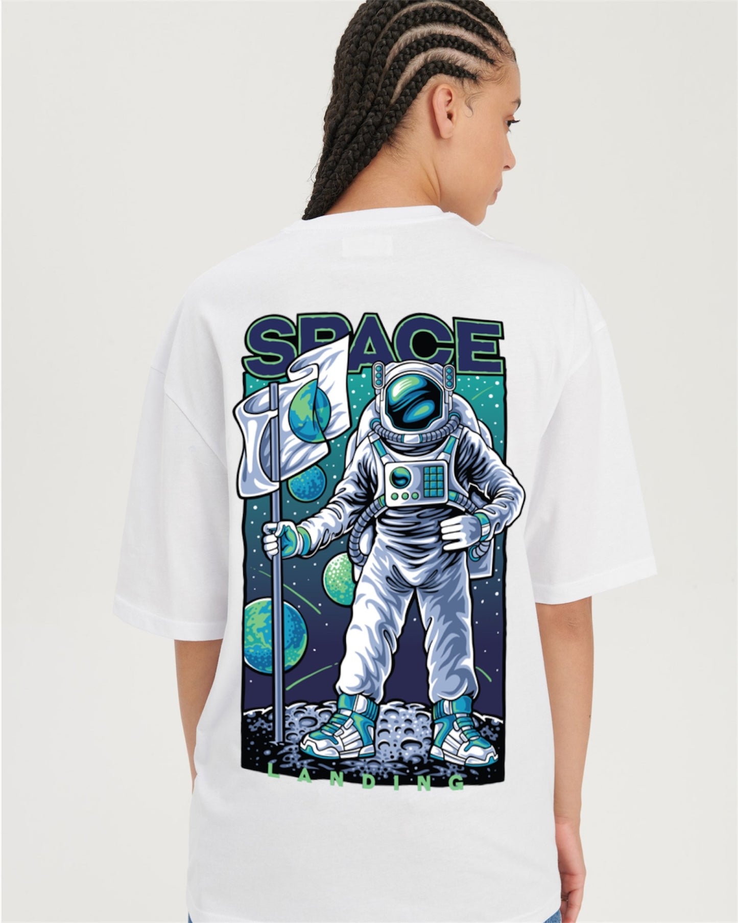 White Relaxed Fit Space landing Graphic T-shirt