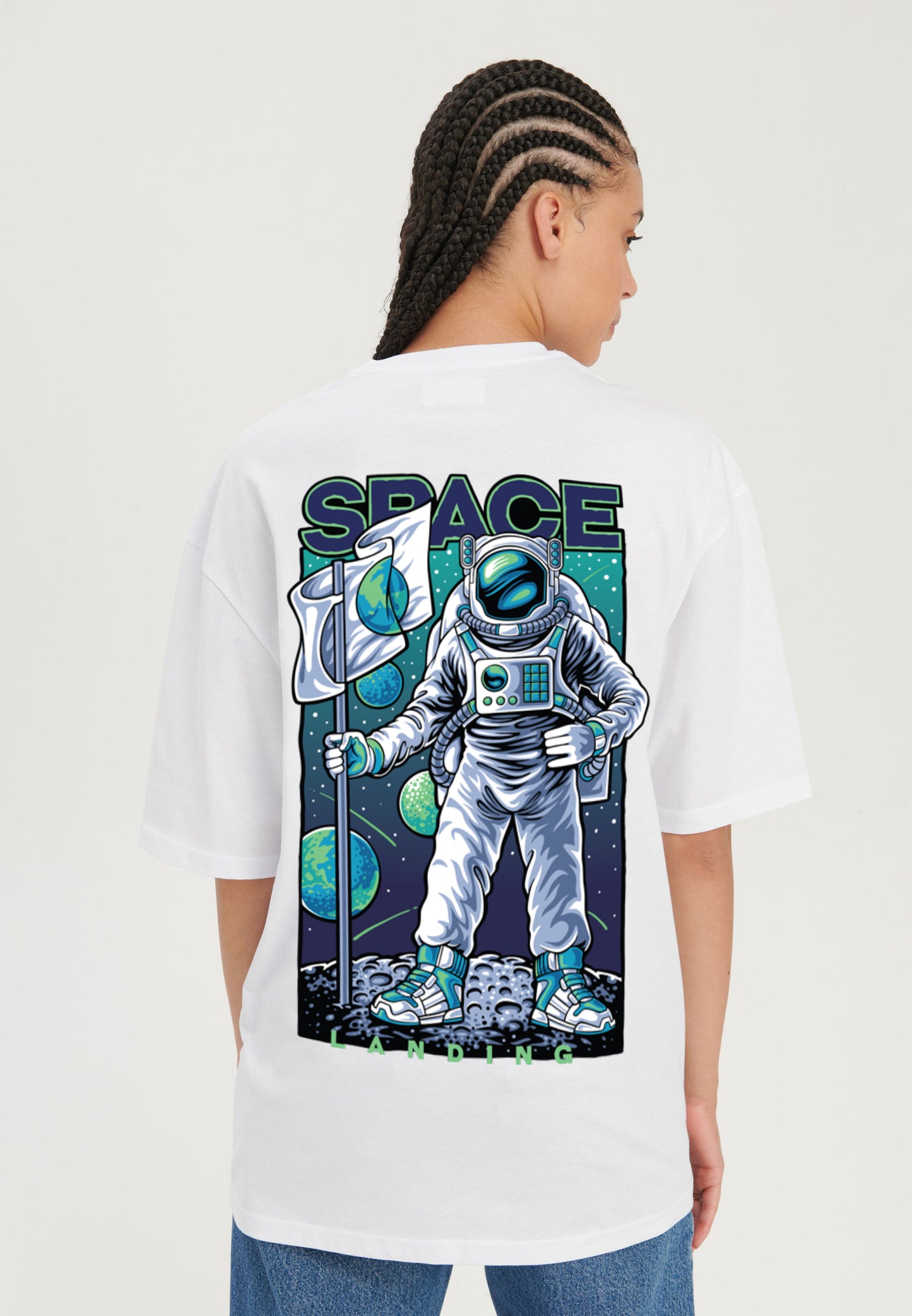 White Relaxed Fit Space landing Graphic T-shirt